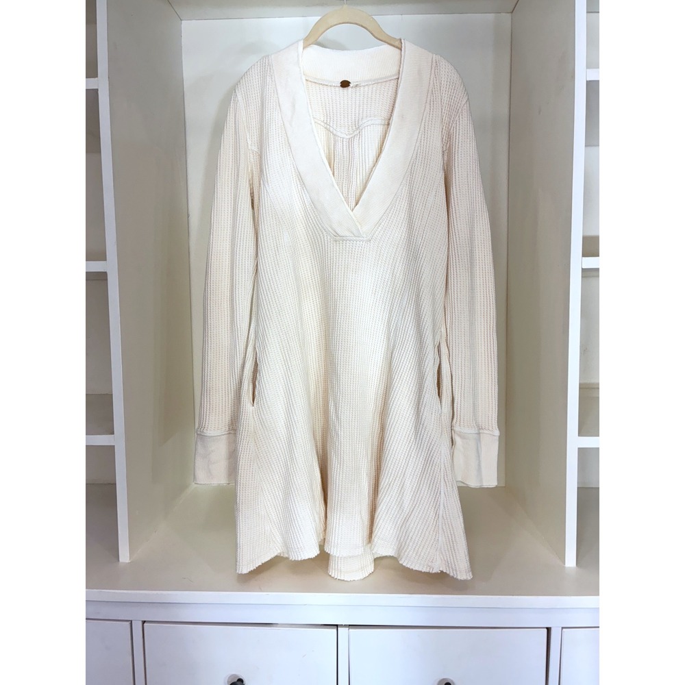 Free People FP One Thermal Mini Dress Women S Jackie Waffle‎ Knit V-Neck Pockets